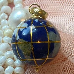14k Gold Globe Charm Pendant Lapiz Lazuli Vintage Travel Unique Nautical World